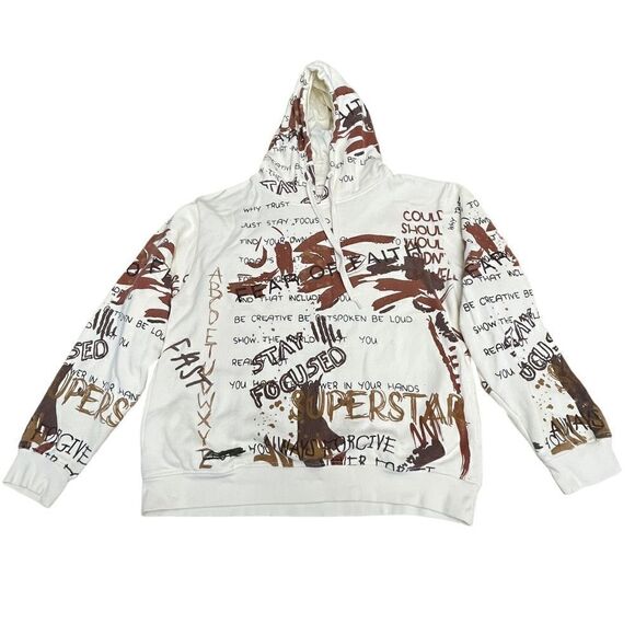 FWRD Denim Hoodie Sz L Ivory Graphics Inside Fleece Men’s Sweatshirt - Picture 1 of 12